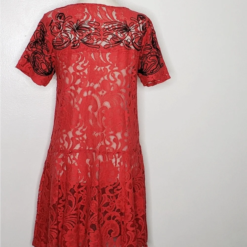 Free People‎ Lace Dreamer Dress Red black Embroidered Boho short sleeve